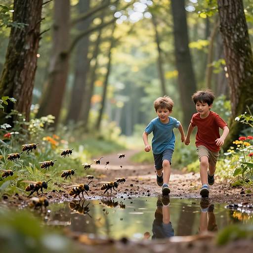 Photograph of two young boys, one in blue shirt and the other in red, running hand-in-hand through a sunlit forest path, reflecting in