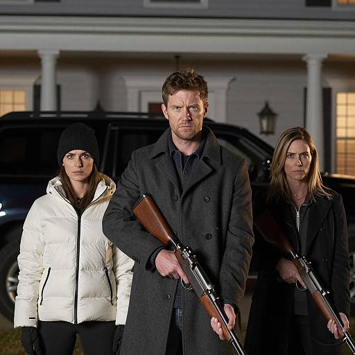 Nighttime Vigil: Three People with Rifles