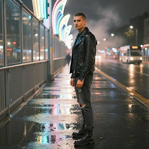 Neon Rain Portrait: Biker on Bridge