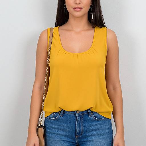 Photograph of a woman with long black hair, wearing a bright yellow sleeveless top and blue jeans, with a brown chain strap bag on her left