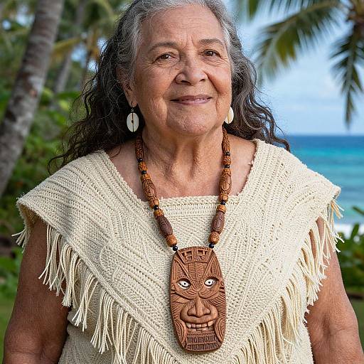 Photograph of an elderly Native Hawaiian woman with long gray hair, wearing a beige fringed top, large wooden mask necklace, and white earrings, standing