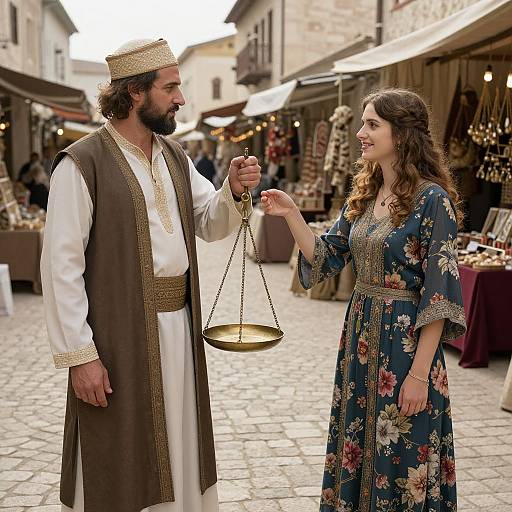 Photograph of a bearded Middle Eastern man in traditional white and brown attire holding a gold balance scale, smiling at a curly-haired woman in a floral