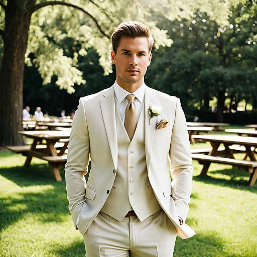 Groom in Beige Suit at Outdoor Wedding