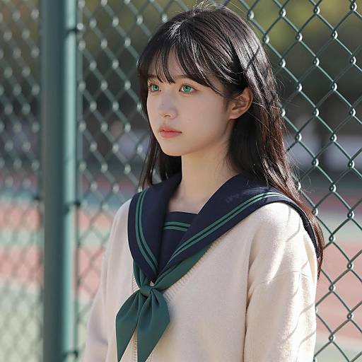 Asian Woman in Sailor School Uniform by Fence