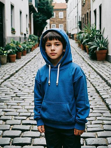 Boy in Blue Hoodie on Cobblestones