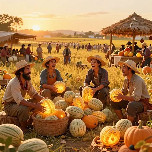 Photograph of three smiling farmers in straw hats, sitting on wicker baskets in a sunlit pumpkin field, holding glowing jack-o'-lanterns