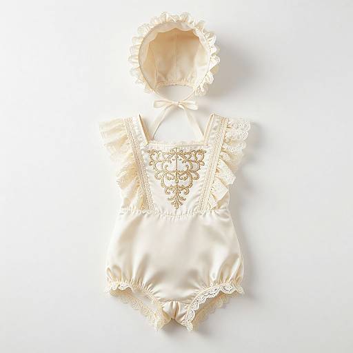 Photograph of an elegant, cream-colored, lace-trimmed baby dress with intricate floral embroidery and puffed sleeves, set against a pure white background