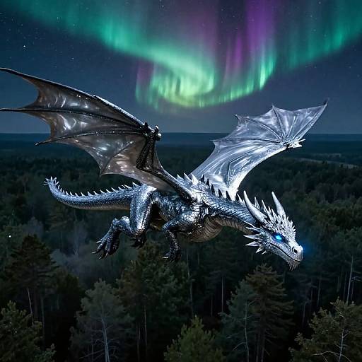 Silver Dragon Soaring Under Aurora Lights