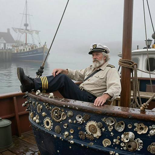 Photograph of a bearded white naval officer with white uniform and hat, relaxed in a decorated ship's bow, overlooking foggy harbor with docked