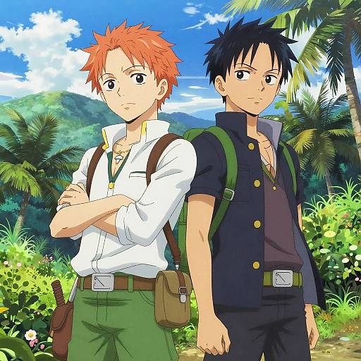 Anime-style digital illustration of two male characters, one with red hair and green pants, the other with black hair and dark blue shirt, standing back-to