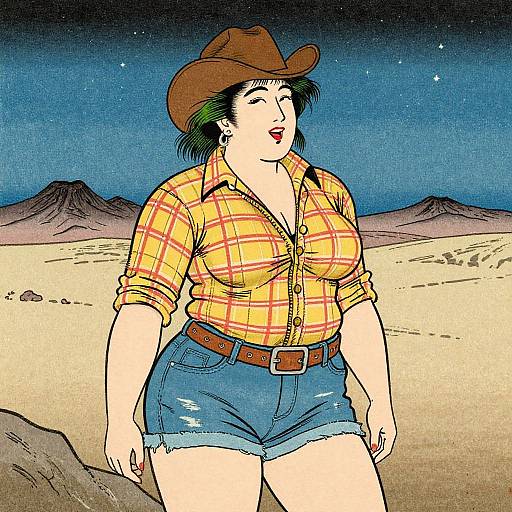 Digital illustration of a plus-sized woman with fair skin, wearing a brown cowboy hat, yellow plaid shirt, and blue denim shorts, standing in a
