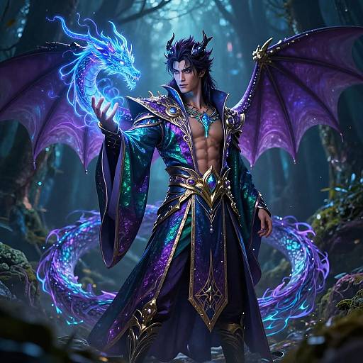 Digital fantasy artwork of a muscular, dark-haired, dragon-winged male sorcerer with glowing blue flames, wearing a shimmering, purple and gold robe