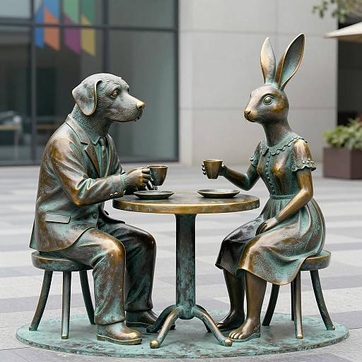 Realistic Bronze Sculpture of Dog and Rabbit