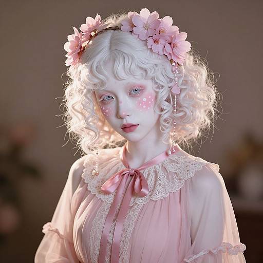 Digital art of a pale-skinned woman with curly white hair, pink flower headband, pink dress, and delicate lace details, glowing softly.
