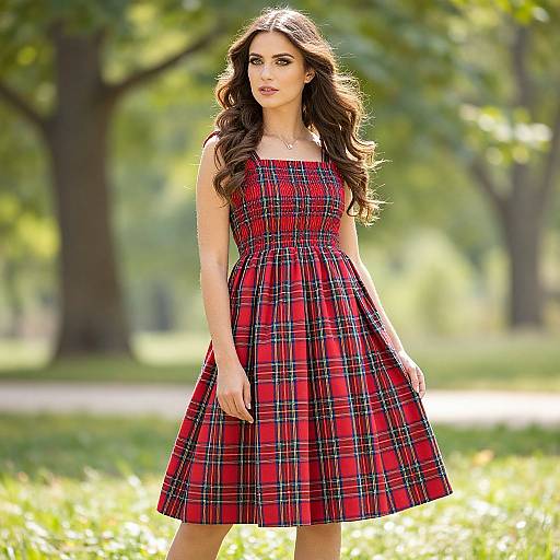 Photograph of a young woman with long brown hair, wearing a red and black plaid dress, standing in a sunlit park.