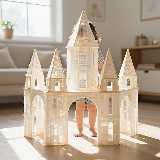 Photograph of a child with short brown hair, wearing striped shirt and denim shorts, standing behind a glowing, white, paper-crafted castle on a