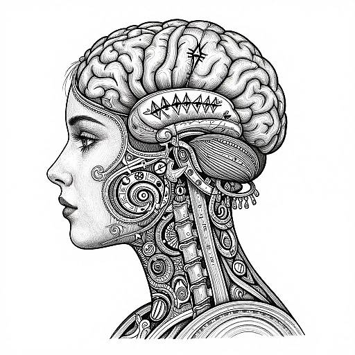 Intricate Black and White Brain Illustration