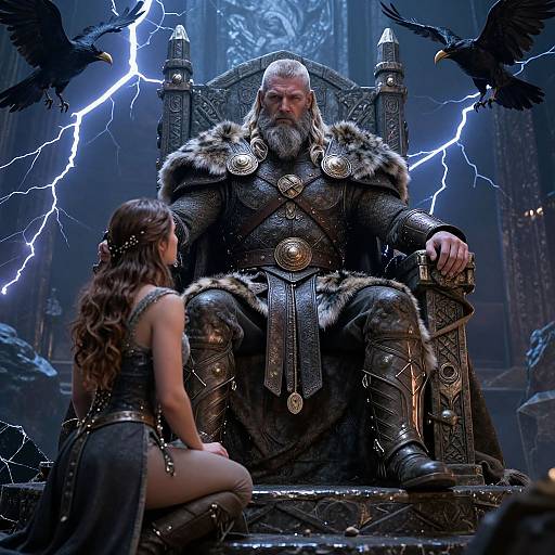 Photorealistic digital art: Bearded, armored Viking king with fur cloak, lightning backdrop, throne; kneeling, long-haired woman in dark, metal