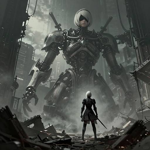Digital sci-fi artwork: Silhouetted figure with white bob haircut and black blindfold stands before massive, towering mechanical robot in ruined, industrial city