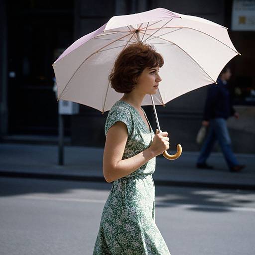 Photograph of a young woman with short brown hair, wearing a green floral dress, holding a white umbrella, walking on a sunlit urban street.