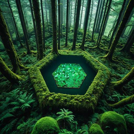 Vibrant Misty Forest with Bioluminescent Hexagon