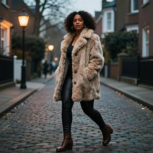 Photograph of a confident Black woman with curly hair, wearing a beige fur coat, black leather pants, and brown boots, walking on a cobble
