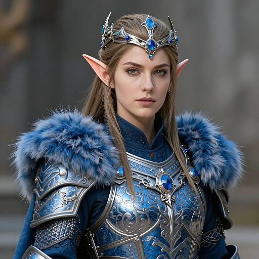 Digital artwork of a fair-skinned elf woman with long brown hair, blue eyes, pointed ears, wearing ornate silver armor with blue fur, and