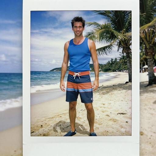 Photograph of a muscular man with curly hair, wearing a blue tank top and orange-striped swim trunks, standing on a sunny tropical beach with palm