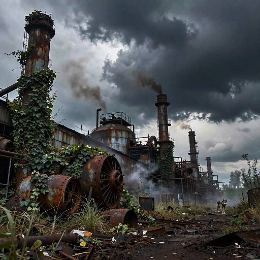 Photograph of a ruined, overgrown industrial factory with rusted pipes, vines, and smokestacks under a stormy, cloudy sky. Dark