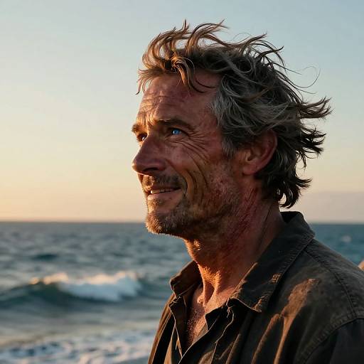 Photograph of a rugged, middle-aged man with tousled gray hair, bearded, smiling at sunset by the ocean waves. Wearing a dark