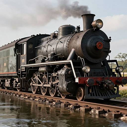 Photograph of a vintage black steam locomotive with white wheels, emitting smoke, on railway tracks with water reflection. Bright daylight.