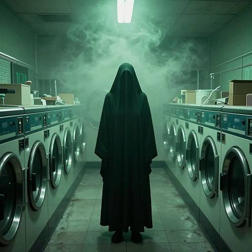 Surreal Cloaked Figure in Haunting Laundromat