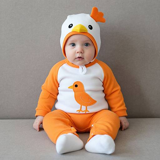 Photograph of a baby with blue eyes, wearing an orange and white chicken-themed onesie, sitting against a plain gray background.