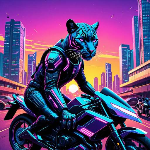 Cybernetic Panther on Neon Motorcycle