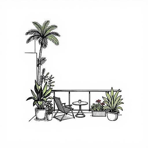 Black-and-white sketch of a modern outdoor patio with potted palm and leafy plants, a small table, and a chair, against a simple wall
