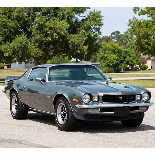 Photograph of a silver 1970s Plymouth Satellite with a black roof, parked on a sunny street, surrounded by green trees and a suburban background