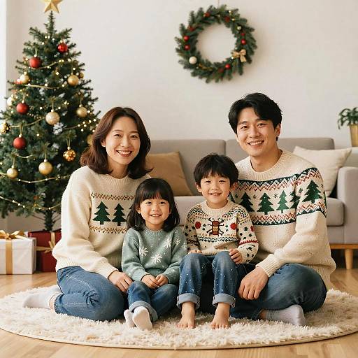 Photograph of a smiling Asian family in Christmas sweaters, sitting on a white rug in front of a decorated tree and wreath.