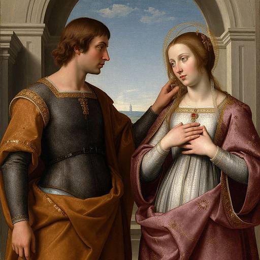 Renaissance painting of a young man in medieval armor and a woman in a purple dress with gold trim, standing under an archway, gazing