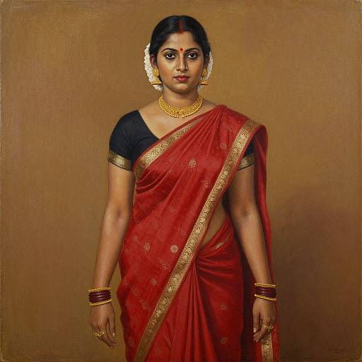 Photorealistic painting of a South Asian woman in a red sari with gold trim, black blouse, gold jewelry, and brown background.