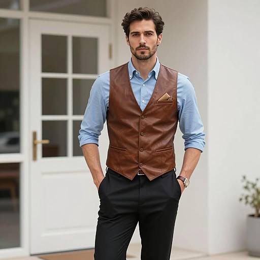 Man in Brown Leather Vest and Blue Shirt