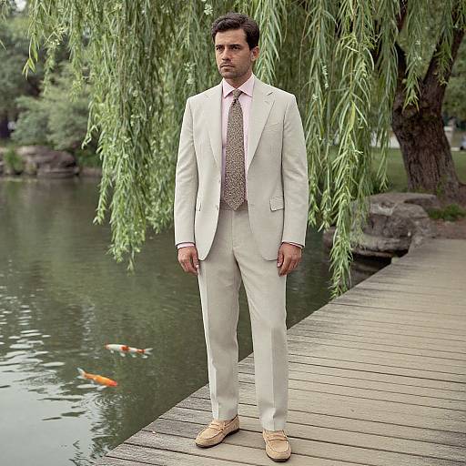 Man in Beige Suit by Koi Pond