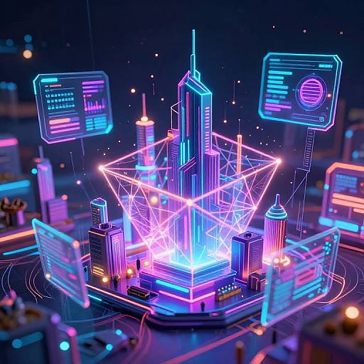 Neon-lit futuristic cityscape model with glowing blue, pink, and purple lights, holographic screens, and circuitry patterns against a dark background