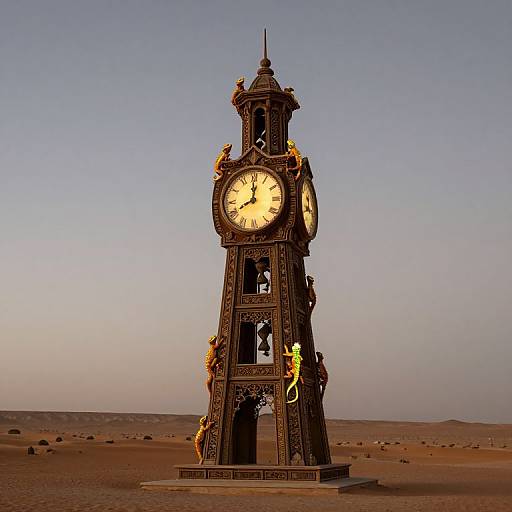 Photograph of a tall, ornate clock tower with fire elements, standing in a desert with a clear, pale blue sky.