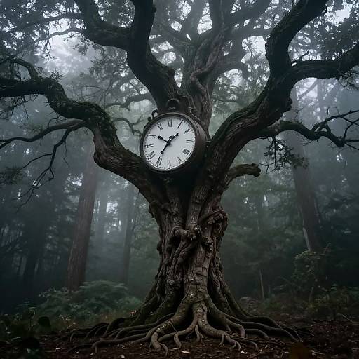 Photograph: A vintage clock with black hands and Roman numerals is mounted on a twisted, gnarled tree in a foggy forest, roots