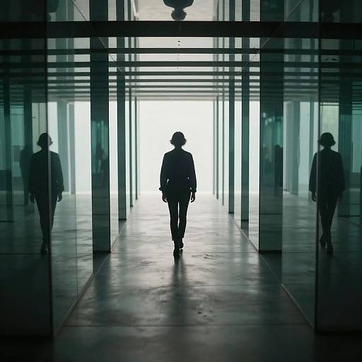 Silhouetted person in business attire walks down a glass-walled corridor, with reflections of two other figures on either side. Bright light at the