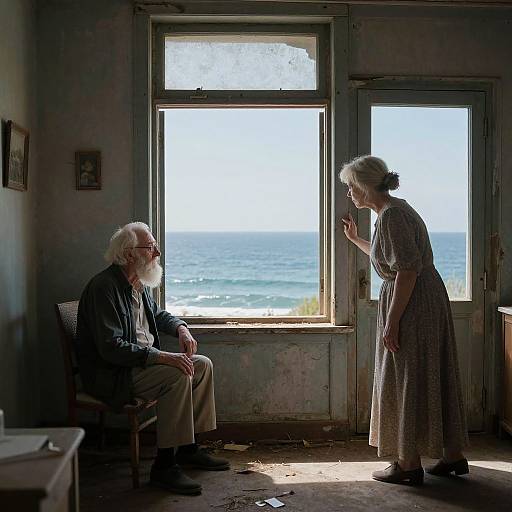 Photograph of an elderly white man with white beard, sitting in a sunlit, dilapidated room, facing an elderly white woman gesturing towards