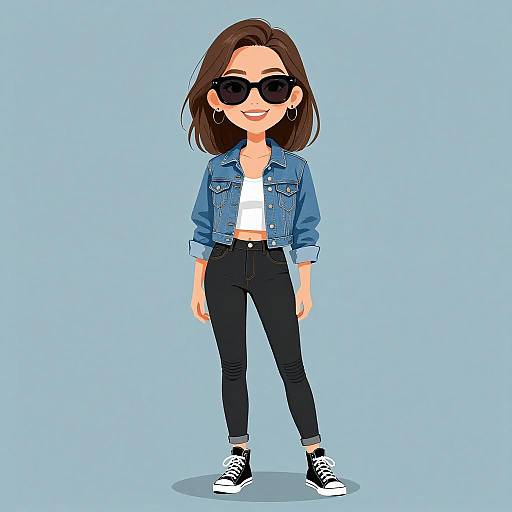 Digital cartoon of a smiling woman with brown hair, black sunglasses, blue denim jacket, white crop top, black jeans, and black sneakers, standing against