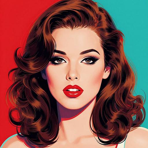 Digital pop art portrait of a fair-skinned woman with red lipstick, dark wavy hair, and bold eye makeup, against a red and blue background