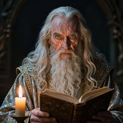 Photograph of an intense, elderly wizard with long white hair, green eyes, and a long beard, reading a book by candlelight in a dark