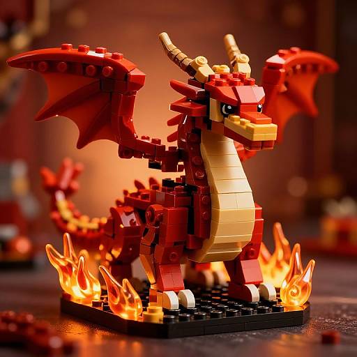 Photograph of a red and yellow LEGO dragon with fiery wings and flames, standing on a black base, against a blurred, warm-toned background.